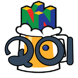 A text that says QOI with a beer bottle behind QOI text with N64 logo on top